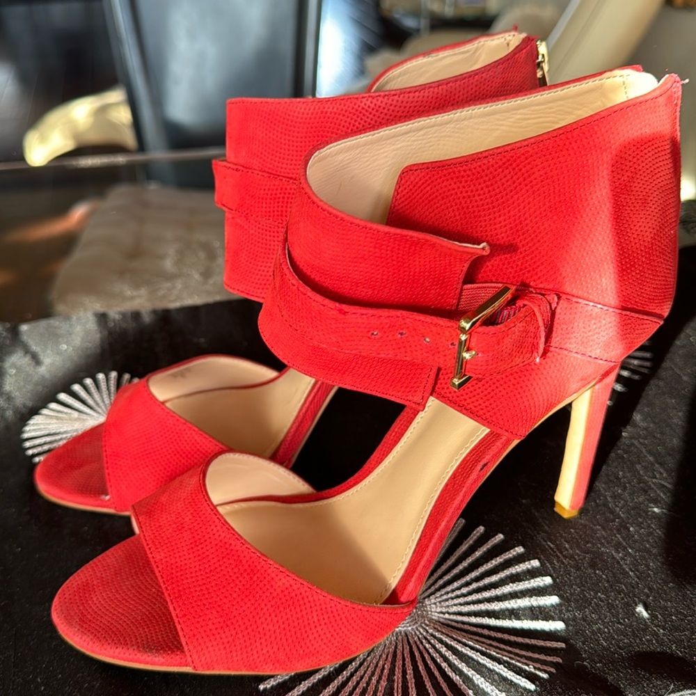 Red Suede Leather Ankle Strap Heels, New, 9.5